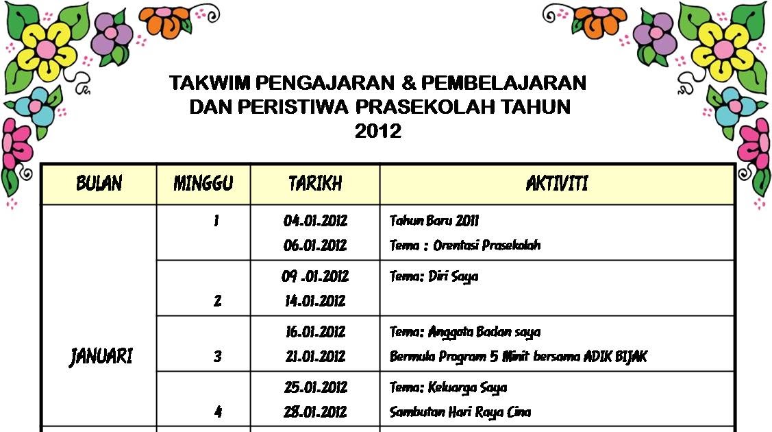 PENDIDIKAN AWAL KANAK-KANAK: CONTOH TAKWIM BAGI PRASEKOLAH