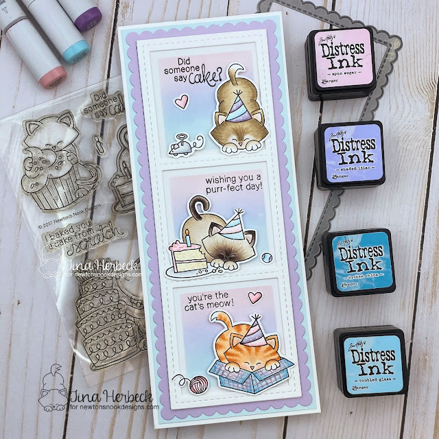 Kitty Birthday Slimline Card by Tina Herbeck | Newton Loves Cake and Newton's Antics Stamp Sets and Slimline Dies and Masking Stencils by Newton's Nook Designs #newtonsnook