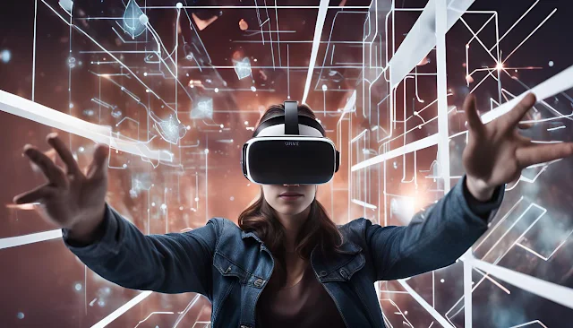 "Person using VR headset and AR glasses with immersive digital overlays and virtual environments."