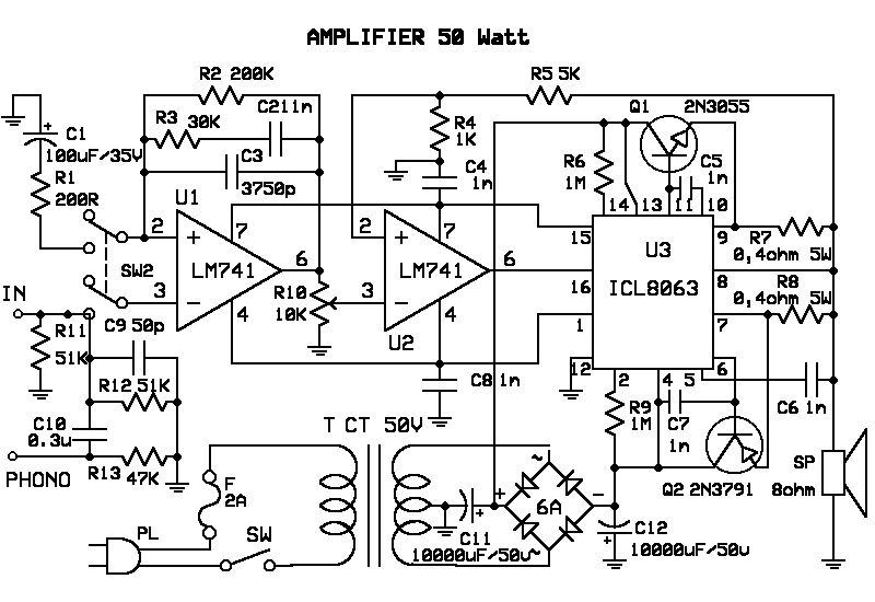 Schematic Circuit Electronics Skema  Power  Amplifier  50 Watt 