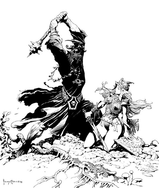 An ink sketch by fantasy artist Frank Frazetta featuring a knight attacking a female warrior