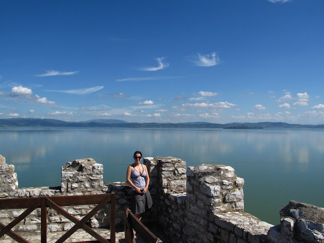 Lake Trasimeno from the ramparts of the castle in Castiglione Del Lago, Umbria, Italy