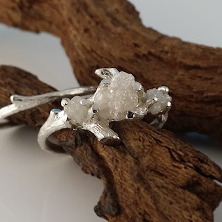  Hand sculpted Twig Bridal Set, hand sculpted, a one-of-a-kind 3 stone engagement ring or 3 stone mothers ring, Raw Uncut Diamonds, rough Diamonds, Cruelty Free Diamonds, White rough diamonds, 14k Gold 3 ring diamond ring, 