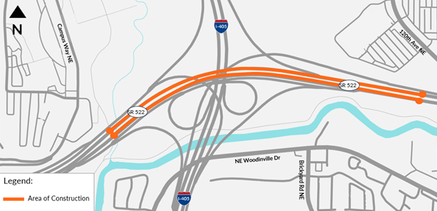 Map of construction area on SR 522 between Woodinville and Bothell