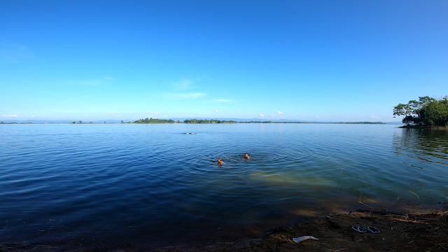 taking bath in the lake