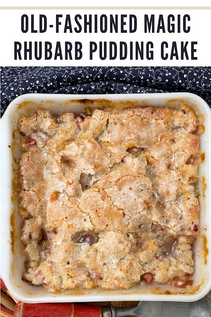Finished magic rhubarb pudding cake in a baking dish.