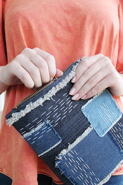 Make a patchwork clutch with denim and fabric scraps