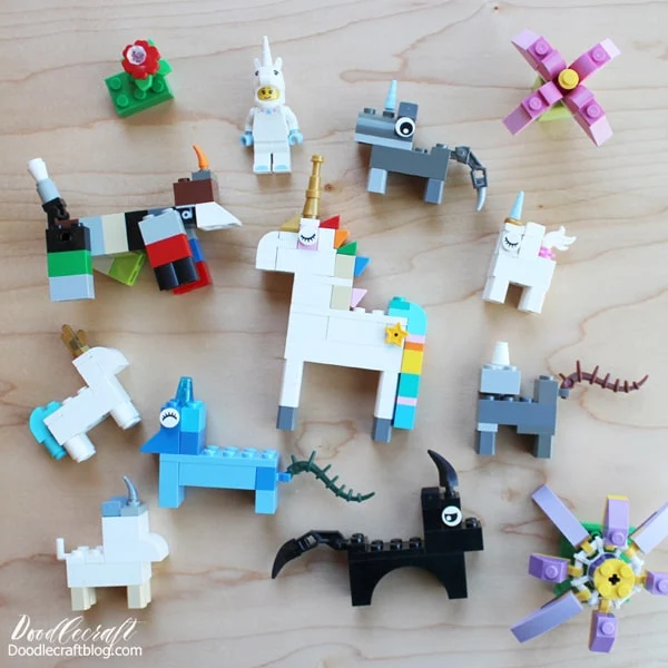 How to build a Lego Unicorn 10 different ways...plus the most epic Lego Unicorn with a rainbow colored mane, gold tiara and horn, rainbow colored waterfall tail and star cutie mark on the flank!