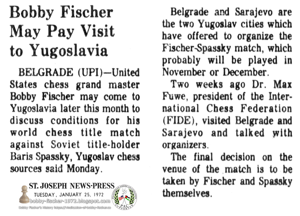 Bobby Fischer May Pay Visit to Yugoslavia