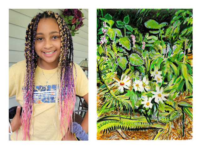 On the left is a portrait of Dawn Hunter's daughter and on the right is a painting of white daisies by artist Dawn Hunter.