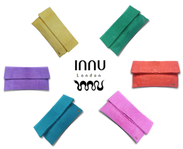 Innu London Handmade snakeskin clutch bags in bright colours