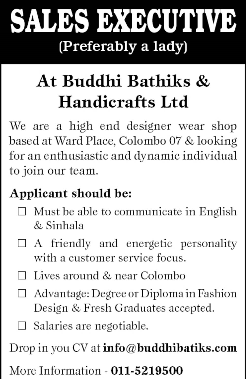 Sales Executive Vacancy In Buddhi Bathiks & Handicrafts Ltd