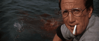A gif from Jaws. Roy Schneider is throwing food into the water, and Jaws suddenly comes up to the surface, startling him.