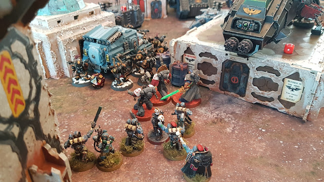 Warhammer 40k battle report - 2000 points - Primaris Vanguard, Militarum Tempestus, Grey Knights and Assassins vs Black Legion and Nurgle Daemons.