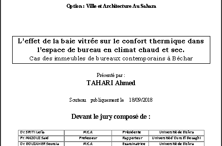  L’effet de la baie vitrée sur le confort thermique dans l’espace de bureau en climat chaud et sec par TAHARI Ahmed