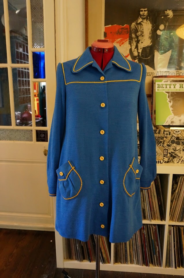 70s blue dress coat yellow trim vintage 1970s 60s 1960s