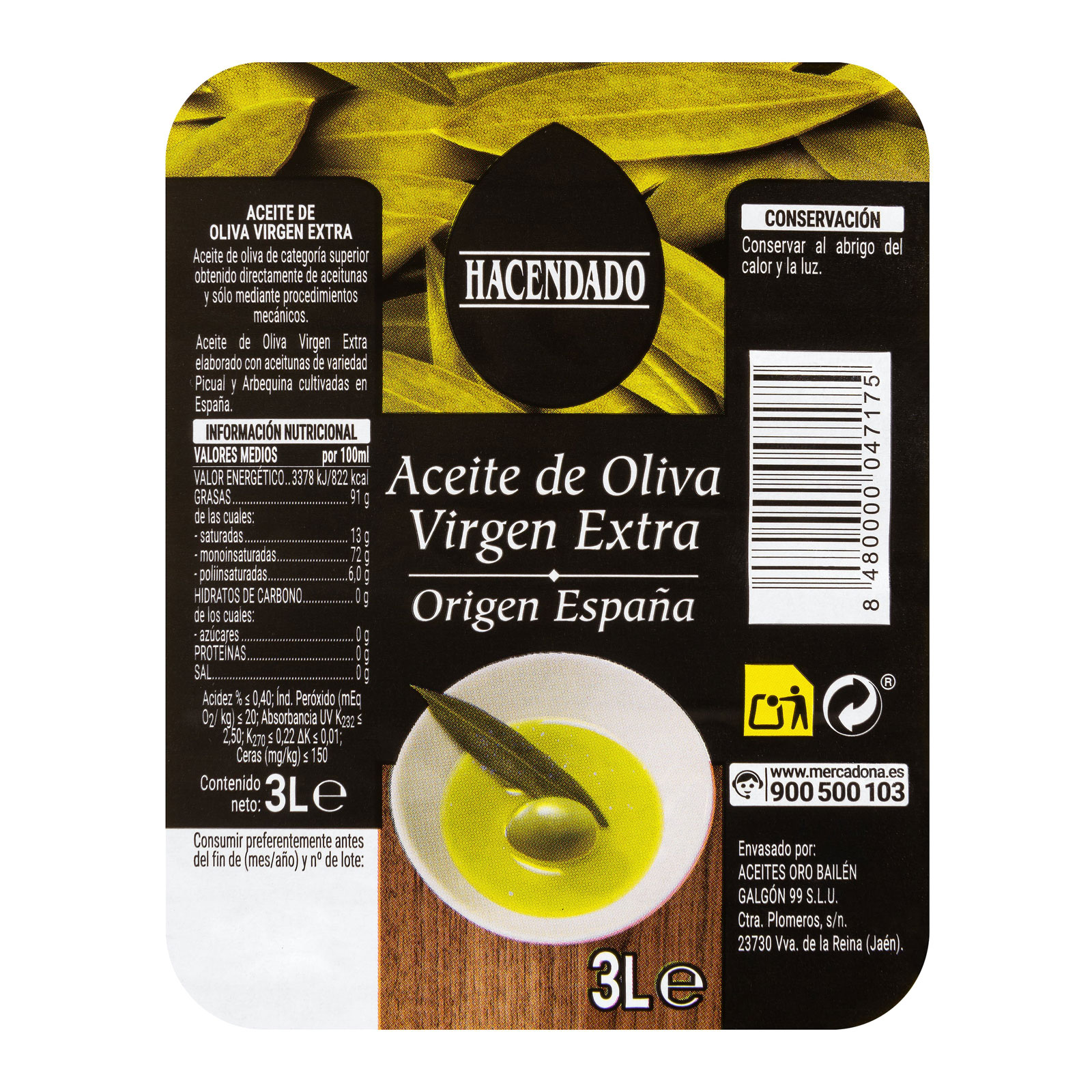 Aceite de oliva virgen extra garrafa Hacendado