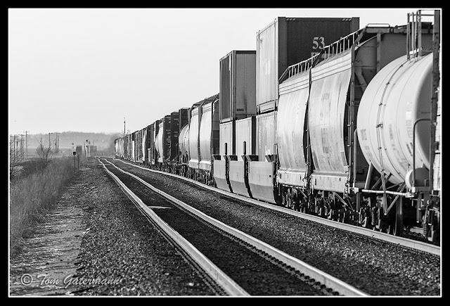 A Union Pacific train is rolling north on the Chester Subdivision just north of the Kaskaskia River.