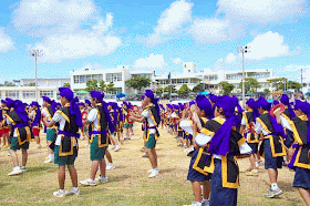uniformed Eisa dancers,drums,purple headbands