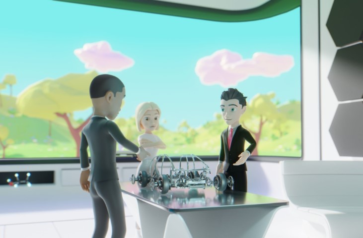 The design of an electric car being viewed in the metaverse. Digital avatars are discussing the design in an online meeting room inside the metaverse