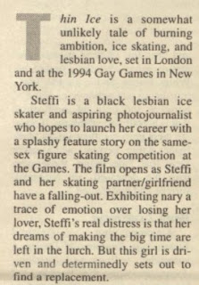 Clipping about "Thin Ice", a 1994 film about a lesbian figure skater