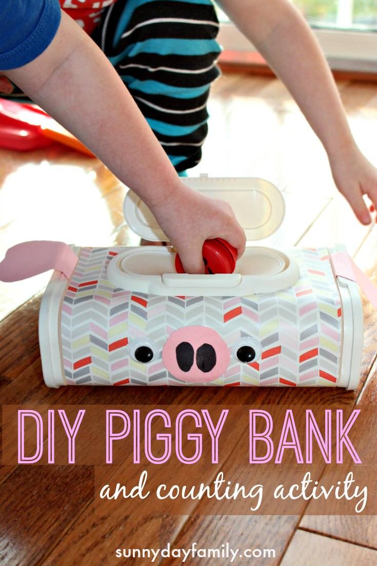 Make a piggy bank from a recycled wipes container! Add in some milk cap coins for a fun preschool counting activity, or use it as a real DIY piggy bank for kids. Such an easy way to help kids learn about money!