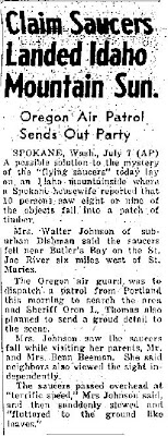 Claim Saucers Landed Idaho Mountain Sun - Arizona Daily Sun 7-7-1947