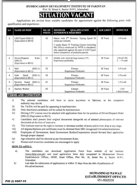 Government Jobs Of Naib Qasid Driver LDC Sanitary Workers Mali Security Guard In Hydrocarbon Development Institute of Pakistan June 2020.