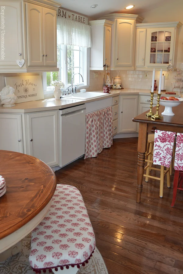 Charming Modern Farmhouse Kitchen with sink skirt and coordinating bench