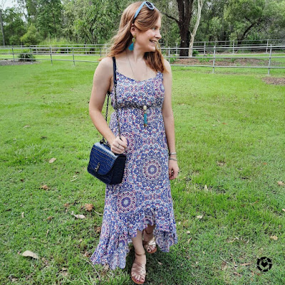 awayfromtheblue Instagram | birthday party outfit Jeanswest Sophia high low mandala print ruffle maxi dress with sandals, jeanswest sophia high-low mandala print ruffle maxi dress with mandala print maxi dress, Rebecca Minkoff Love Too in deep teal croc embossed leather