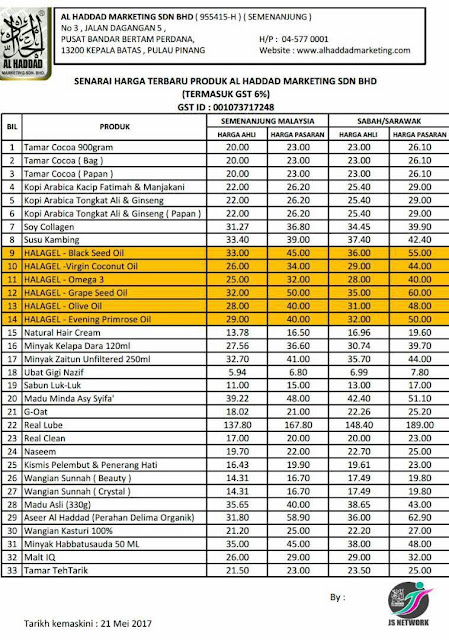 Senarai Harga Produk Alhaddad Marketing
