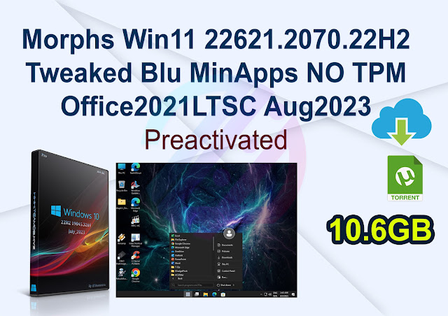 Morphs Win11 22621.2070.22H2 Tweaked Blu MinApps NO TPM Office2021LTSC Aug2023