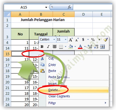  Gambar: Memulai proses penghapusan baris yang memiliki sel kosong (blank cells) di Microsoft Excel