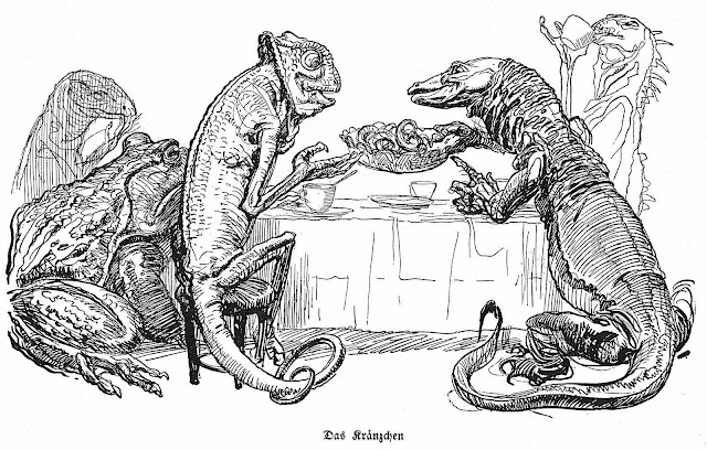 Heinrich Kley, lizards dining at a table