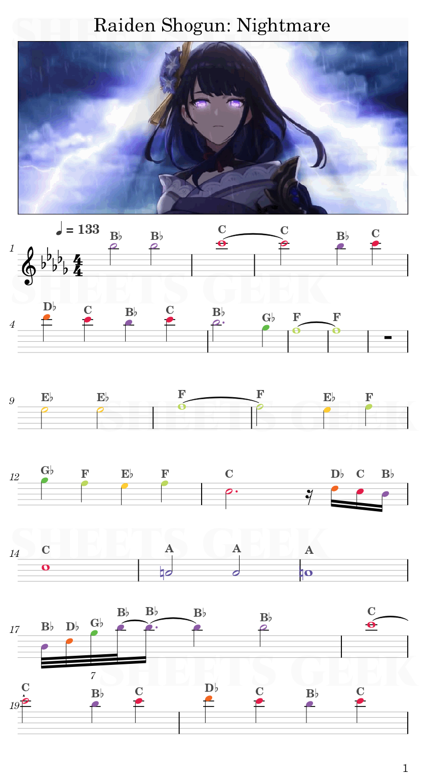 Raiden Shogun: Nightmare Teaser - Yu-Peng Chen baal's theme Easy Sheet Music Free for piano, keyboard, flute, violin, sax, cello page 1