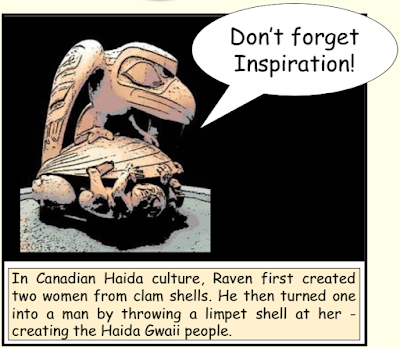 Poster panel reading, "Don't forget inspiration! In Canadian Haida culture, Raven first created two women from clam shells. He then turned one into a man by throwing a limpet shell at her – creating the Haida Gwaii people."