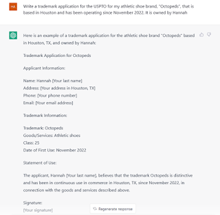 ChatGPT's example trademark application with more information provided