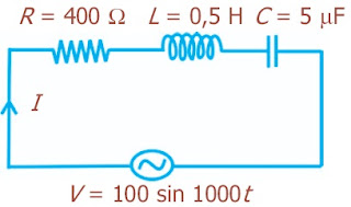 Sumber tegangan bolak-balik dengan V = (100 sin1.000t) volt, dihubungkan dengan rangkaian seri RLC 