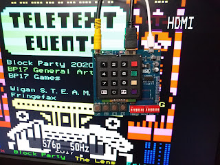 Photo of the FPGA Teletext PCB in action displaying a Teefax page