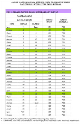 JADUAL WAKTU BUKA PUASA DAN IMSAK 2016 / 1437H UNTUK NEGERI PERAK
