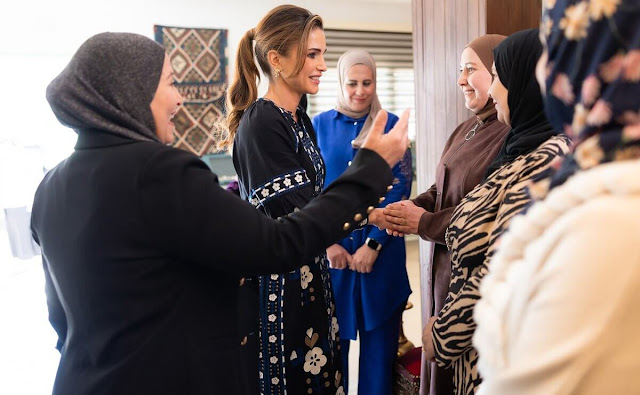 Queen Rania wore a new Shaina floral embroidered cotton midi dress by SEA New York. Thakafat and Nabataean Ladies Cooperative