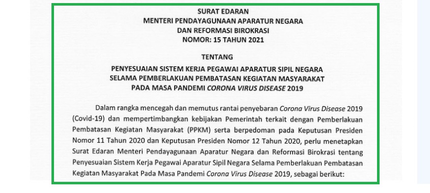 urat Edaran SE Menpan RB Nomor 15 Tahun 2021 tentang Sistem Kerja ASN Selama PPKM