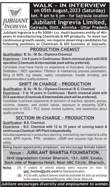 Jubilant Ingrevia | Walk-In Interview for Production on 5th Aug 2023