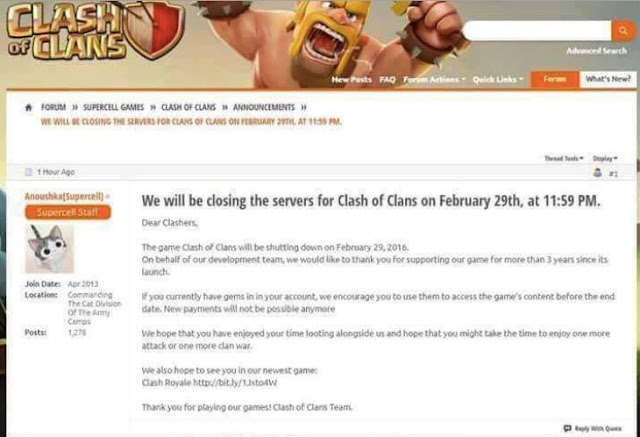 Anoushka Palsu mengatakan akan ditutupnya Server Clash of Clans