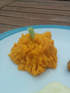 A Smashed pumpkin aka mashed carrots with a Spring Onion stalk