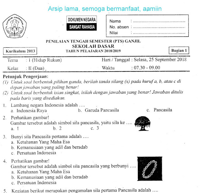 Download Soal Penilaian Tengah Semester (PTS) Ganjil Tema 1 Bagian 1 Kelas 2 SD Terbaru Tahun 2019 Gratis