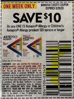 USE $10/1 Astepr4o Allergy or Children’s Product 120 Sprays+ Coupon from "SMARTSOURCE" insert week of 3/19/23.