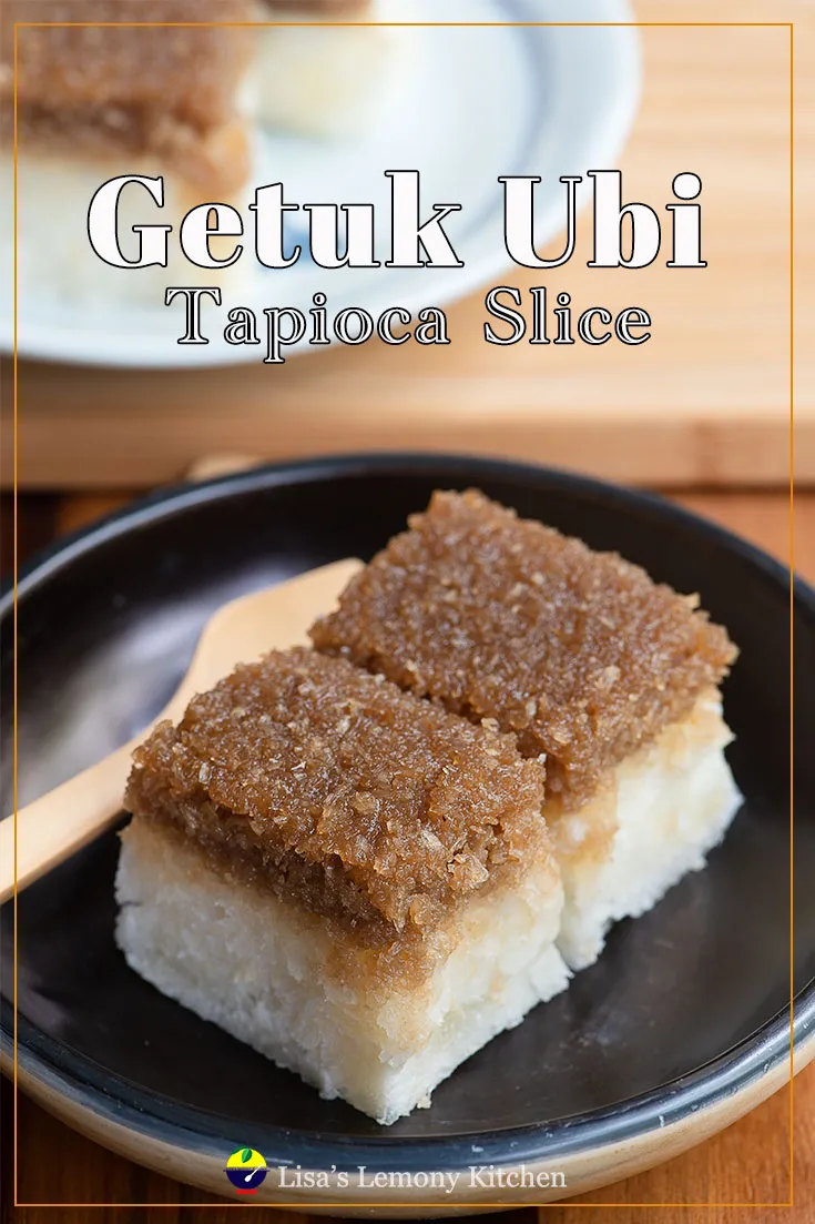 Getuk ubi is made of soft boiled tapioca, mashed with sugar added. The mashed tapioca then compacted into a tray or baking pan. Sweet coconut made with either palm sugar or dark brown sugar is used as topping for getuk ubi.