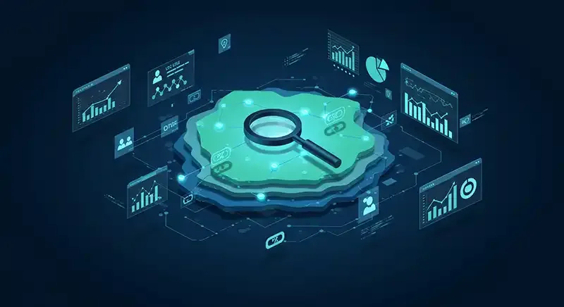 Modern SEO concept image with a glowing link network, analytics charts, SEO tools, and futuristic UI elements