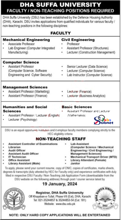 Teaching and Non Teachings Position Required At DHA Suffa University 2024